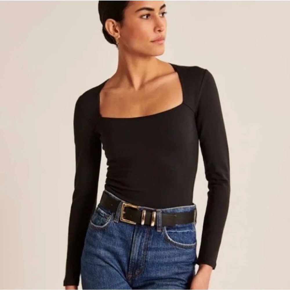 Abercrombie Black Long Sleeve Square Neck Bodysuit Double Layer
